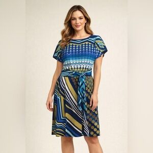 Donna Morgan Blue and Green Geometric Midi Dress Size 6 NWT